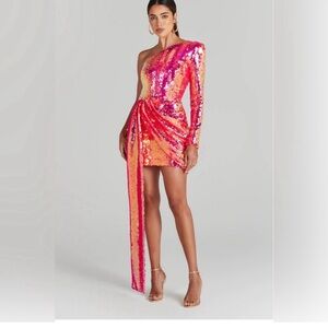 NADINE MERABI Pink and Orange One Shoulder Dress